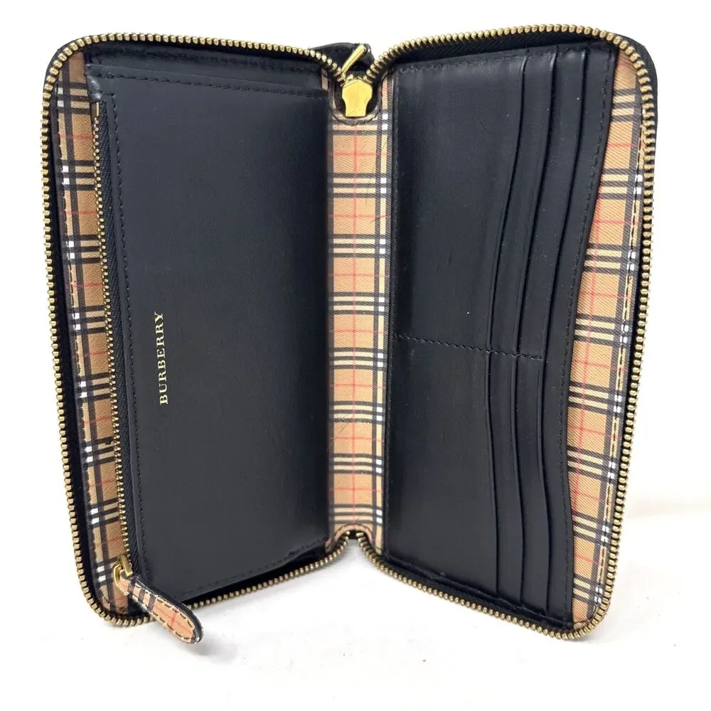 VTG Burberry Zip Around Wallet Clutch Black Leather House Check Canvas Preppy